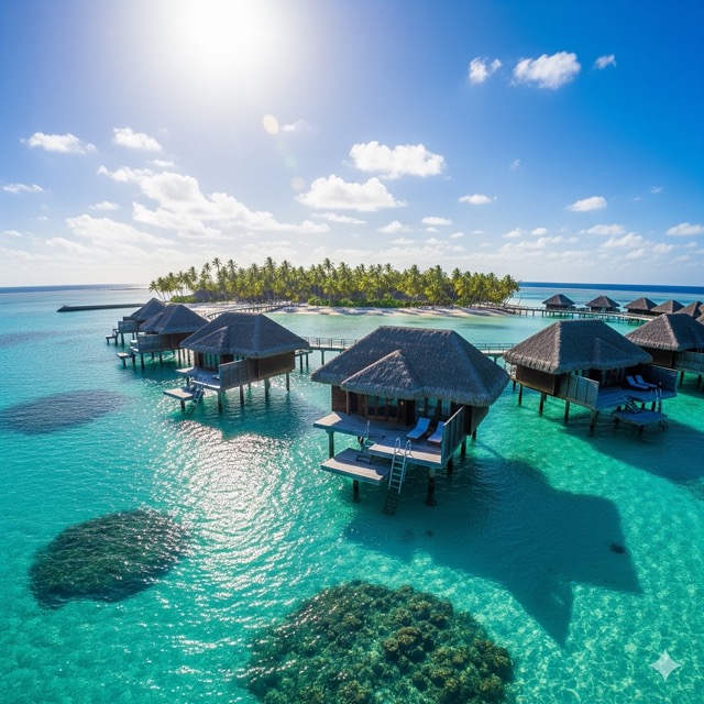 Beautiful overwater bungalows at sunset